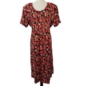 J.B.S Ltd Red Black Green Floral Tie Waist Vintage Midi Dress Very Good Size 12